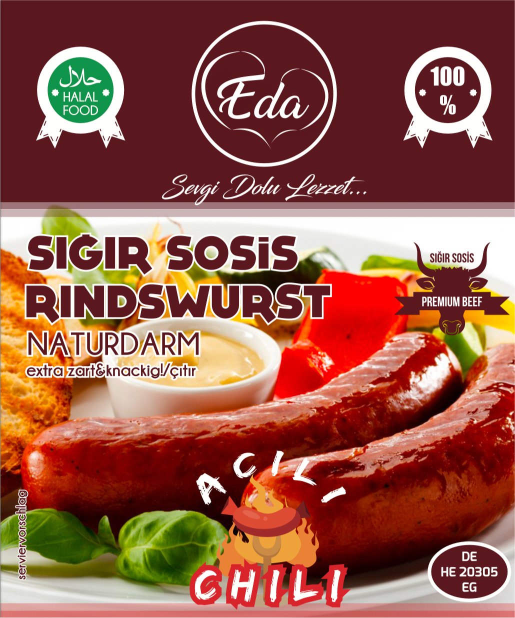 Halal Rindwurst Scharf – 720g | Würzige Grillwurst im Naturdarm aus 100 % Rind