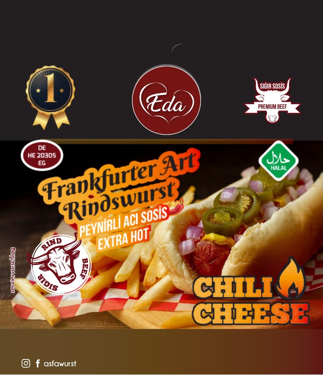 Halal Chili Cheese Beef Sausage – Frankfurter Style, 400g | Spicy Beef Sausage with Cheese & Jalapeños